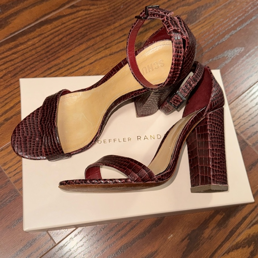 Schutz block heel sandal. Size 10 maroon alligator